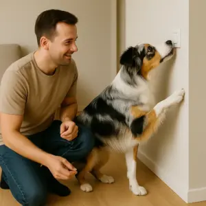 Hund schaltet Licht aus und an – Trick-Anleitung: Australian Shepherd betätigt den Lichtschalter mit Nase und Pfote.