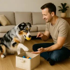 Hund Spielzeug aufräumen beibringen: Australian Shepherd legt einen Ball in eine Kiste – Trick mit Köpfchen im Wohnzimmer.