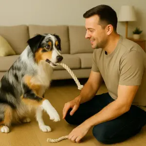 Hund-Trick beibringen: Dinge aufheben – Australian Shepherd reicht ein Seilspielzeug seinem Besitzer.
