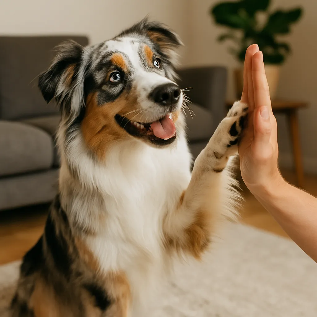 Hund Tricks beibringen: Australian Shepherd lernt High Five im Wohnzimmer.