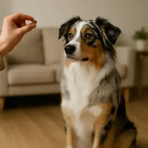 Aufmerksamer Australian Shepherd wartet auf Belohnung – wichtige Voraussetzungen für erfolgreiches Tricktraining