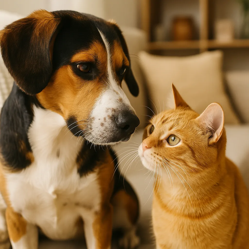 Hund und Katze blicken sich neugierig an – erstes vorsichtiges Kennenlernen beim Aneinandergewöhnen im gemeinsamen Zuhause.