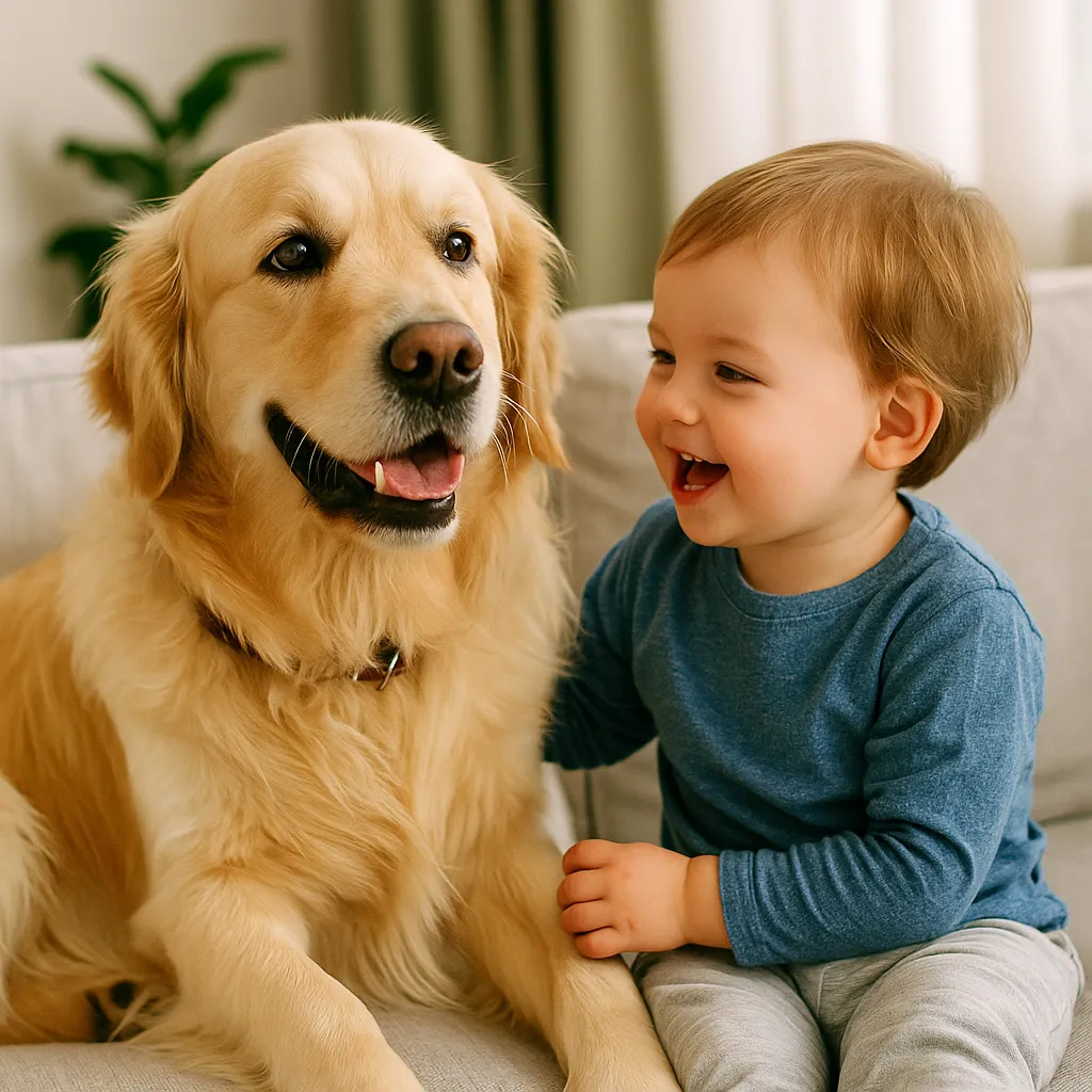 Kleinkind sitzt lachend neben einem Golden Retriever auf dem Sofa – harmonisches Zusammensein zwischen Hund und Kind.