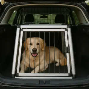 Golden Retriever liegt sicher in einer stabilen Hundebox im Kofferraum – zeigt, worauf man bei der Hundebox im Auto achten sollte.