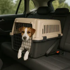 Jack Russel Hund sitzt in einer sicheren Transportbox auf dem Rücksitz – typische Lösung für kleine Hunde die im Auto transportiert werden sollen