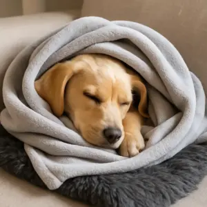 Schlafender Hundewelpe ist in eine weiche, graue Fleecedecke eingekuschelt und liegt entspannt auf einem Sofa.
