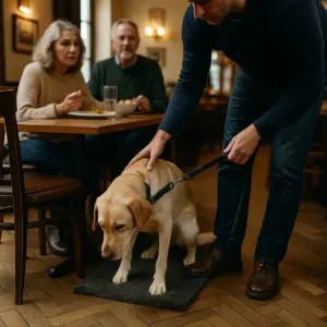 Halter führt seinen Hund ruhig auf eine Decke im Restaurant, während Gäste am Nachbartisch beobachten – Beispiel für Hundeetikette und rücksichtsvollen Umgang im Lokal.