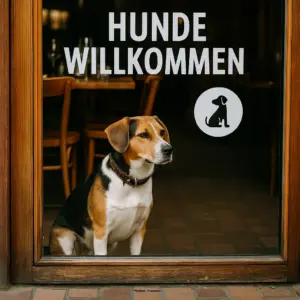 Hund sitzt hinter einer Glastür mit Aufschrift „Hunde willkommen“ und Hundesymbol 