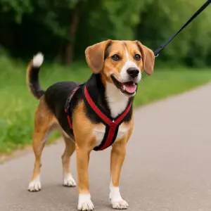 Fröhlicher Hund mit rot-schwarzem Y-Geschirr steht an der Leine auf einem Weg im Grünen.
