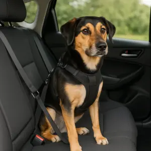 Ein mittelgroßer Hund sitzt ruhig auf der Rückbank und ist mit einem Sicherheitsgeschirr am Autogurt befestigt – eine einfache und sichere Lösung für unterwegs.