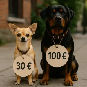 Ein Chihuahua mit einem Preisschild von 30 € neben einem Rottweiler mit einem Schild von 100 € – symbolischer Vergleich der Kosten für eine Hundehaftpflichtversicherung je nach Hunderasse.