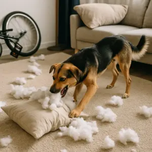 Hund zerbeißt ein Kissen und verteilt die Füllung im Wohnzimmer – typisches Beispiel für Sachschäden, die durch eine Hundehaftpflichtversicherung abgedeckt sein können.