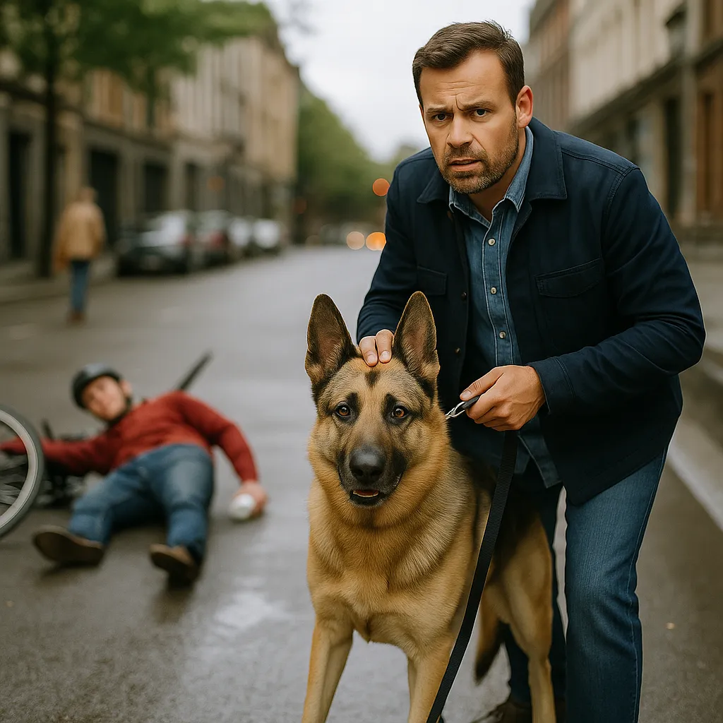 Mann mit angeleintem Schäferhund nach einem Unfall mit einem Radfahrer – Symbolbild für Schäden durch Hunde und die Relevanz einer Hundehaftpflichtversicherung.