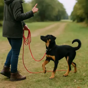 Hund an roter Schleppleine folgt aufmerksam dem Rückrufsignal einer Person auf einer Wiese.