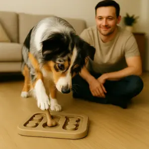 Hundeschach und Puzzle als Alltagsbeschäftigung: Australian Shepherd löst konzentriert ein Intelligenzspiel mit der Pfote.