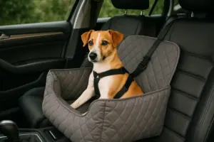 Ein kleiner Hund sitzt sicher angeschnallt in einem gepolsterten Autositz auf dem Beifahrersitz – eine bequeme Transportlösung für kurze Fahrten.