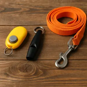 Hundetraining-Zubehör bestehend aus gelbem Clicker, schwarzer Pfeife und orangefarbener Leine auf Holztisch.