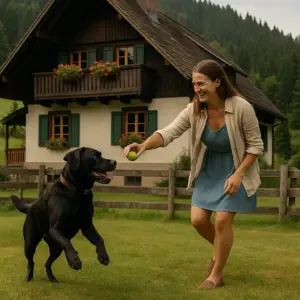 Frau spielt mit ihrem schwarzen Labrador auf einer eingezäunten Wiese vor einem typischen Schwarzwald-Ferienhaus – Hundeurlaub im Schwarzwald buchen.