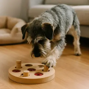 Hund beschäftigt sich mit einem Intelligenzspielzeug aus Holz und sucht Leckerlis mit der Pfote.