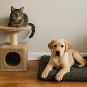 Katze auf Kratzbaum und Labrador-Welpe auf Liegefläche – Vorbereitung auf das erste Treffen 