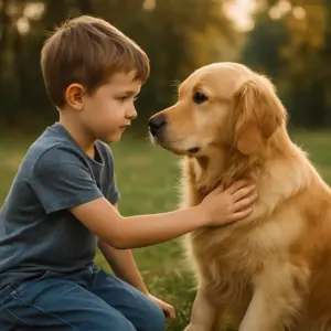 Junge kniet auf der Wiese und schaut seinem Golden Retriever ruhig in die Augen 