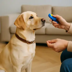 Labrador sitzt vor Halterin mit Clicker und Leckerli im Wohnzimmer und wartet auf Kommandos