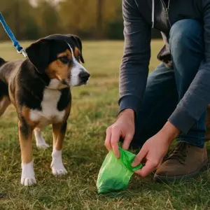 Hundebesitzer sammelt mit grünem Kotbeutel die Hinterlassenschaft seines angeleinten Hundes auf einer Wiese auf.