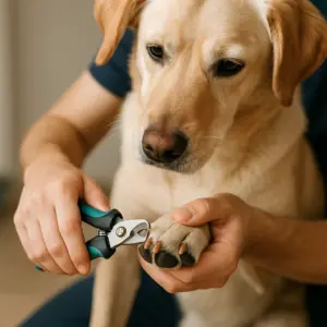 Hund bekommt mit einer Krallenzange vorsichtig die Krallen geschnitten 