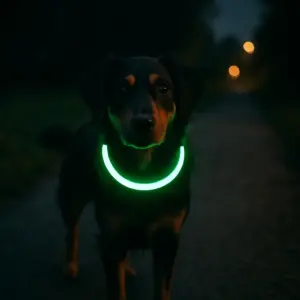 Hund mit leuchtendem LED-Halsband steht bei Dunkelheit auf einem Weg und ist gut sichtbar im Dunkeln.