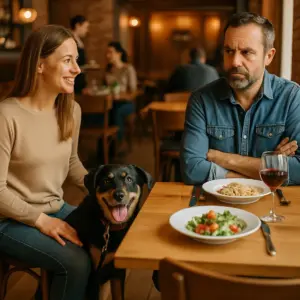 Hund sitzt fröhlich zwischen zwei Gästen im Restaurant, während eine Frau lächelt und der Mann skeptisch schaut – symbolisches Bild für Diskussionen rund um Hund beim Essen gehen mitnehmen
