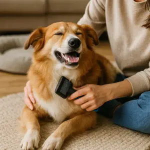 Frau bürstet einen entspannten Hund mit einer Fellbürste auf dem Teppich im Wohnzimmer.