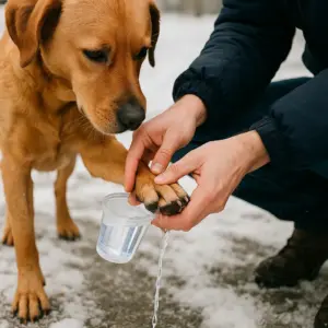 Hundepfote wird mit Wasser im Winter gereinigt – Pfotenpflege gegen Streusalz und Schmutz