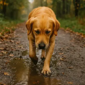 Golden Retriever läuft über einen matschigen Waldweg im Herbst mit nassen Pfoten, umgeben von Laub und Pfützen
