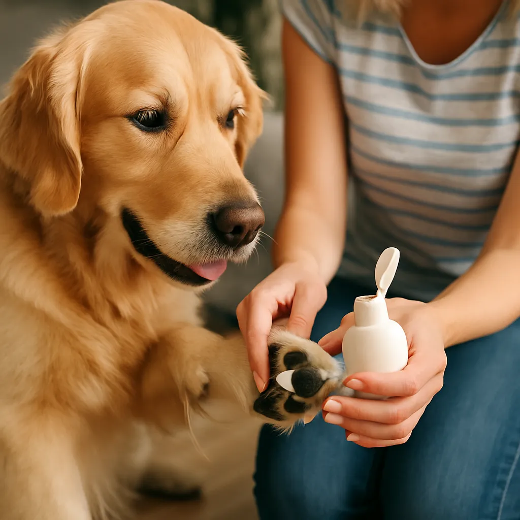 Golden Retriever bei der Fell- und Pfotenbehandlung zuhause