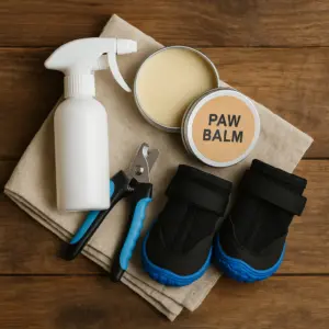 Pfotenpflege-Zubehör für Hunde auf Holzuntergrund – inklusive Pfotenbalsam, Krallenschneider, Hundeschuhe und Reinigungsspray