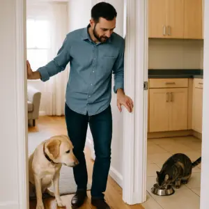 Hund wird durch Tür vom Raum getrennt, während Katze ungestört frisst – getrenntes Füttern zur Vermeidung von Futterneid in der Gewöhnungsphase