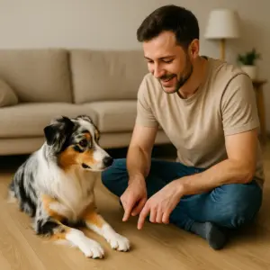 Platz-Kommando für Hundetrick-Basics: Hundetrainer zeigt Australian Shepherd die Übung auf Augenhöhe.