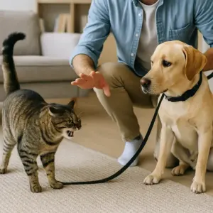 Katze faucht angeleinten Hund an, Besitzer greift beruhigend ein – typische Probleme beim Zusammenführen von Hund und Katze erkennen und handeln.