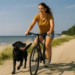 Frau macht Radtour mit ihrem schwarzen Labrador entlang der Ostseeküste – aktiver Urlaub mit Hund an der Ostsee in Mecklenburg-Vorpommern 