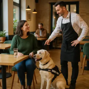 Blindenführhund sitzt ruhig neben seiner Halterin im Restaurant, während ein freundlicher Kellner die beiden begrüßt – Symbolbild für die gesetzlich garantierte Zutrittsregelung für Assistenzhunde.