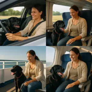 Vierer-Collage zeigt eine Frau mit ihrem schwarzen Labrador beim Reisen mit Auto, Bahn und Fähre – verschiedene Reisemöglichkeiten mit Hund stressfrei erleben