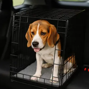 Ein Beagle sitzt in einer Transportbox auf dem Rücksitz und zeigt Anzeichen von Unwohlsein – typisches Bild für Reiseübelkeit bei Hunden.