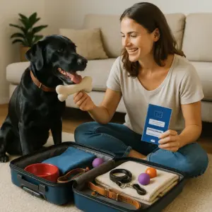 Frau packt Koffer für den Urlaub mit Hund und hält EU-Heimtierausweis – Reisevorbereitung mit Packliste für Hunde.