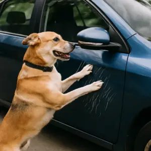 Ein Hund kratzt mit den Pfoten an der Tür eines blauen Autos – typisches Beispiel für einen Sachschaden.