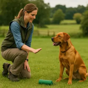 Frau gibt einem foxred Labrador beim Apportiertraining ein Startkommando