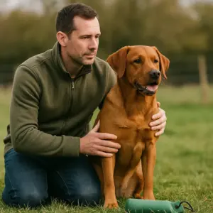Foxred Labrador sitzt ruhig neben seinem Halter beim sicheren Apportiertraining