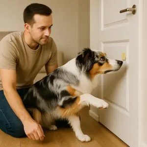 Sinnvolle Hunde-Tricks: Australian Shepherd lernt, mit der Pfote eine Tür zu schließen – praktisches Training im Alltag.