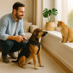 Hund sitzt angeleint vor Fensterbank, Besitzer sorgt für ruhige erste Begegnung mit der Katze – stressfreies Zusammenführen von Hund und Katze