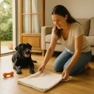 Frau richtet in einer gemütlichen Ferienwohnung einen Rückzugsort für ihren schwarzen Labrador ein – Tipps für einen stressfreien Urlaub mit Hund.