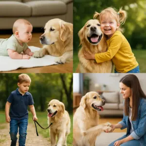 Collage zeigt Kinder unterschiedlichen Alters im Umgang mit einem Familienhund – vom Baby bis zum Teenager